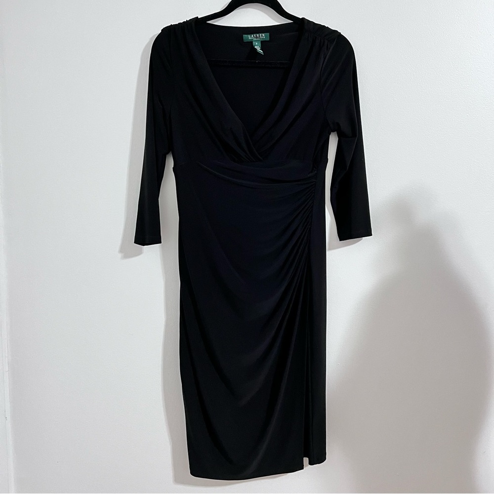 Lauren Ralph Lauren Dress Black Size 8 Ruched Midi Evening Minimalistic Formal